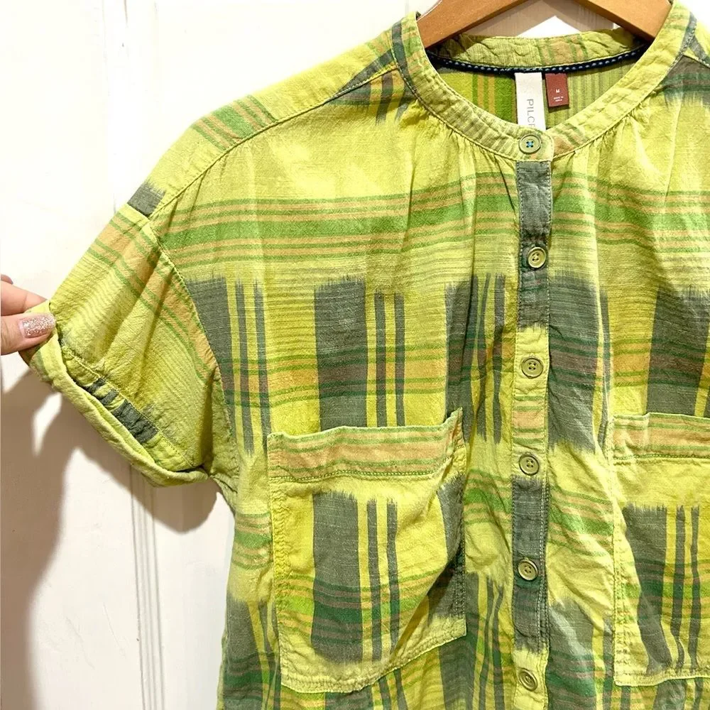 Anthropologie Pilcro The Hannah Green Plaid Surf Shirt Beach Boho Size M
